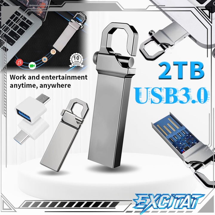 Excitat®, Stick Memorie USB, Unitate flash USB cu stare solida, 2TB, cu catarama, stocare USB, rezistenta la apa, plug and play, transmisie de mare viteza