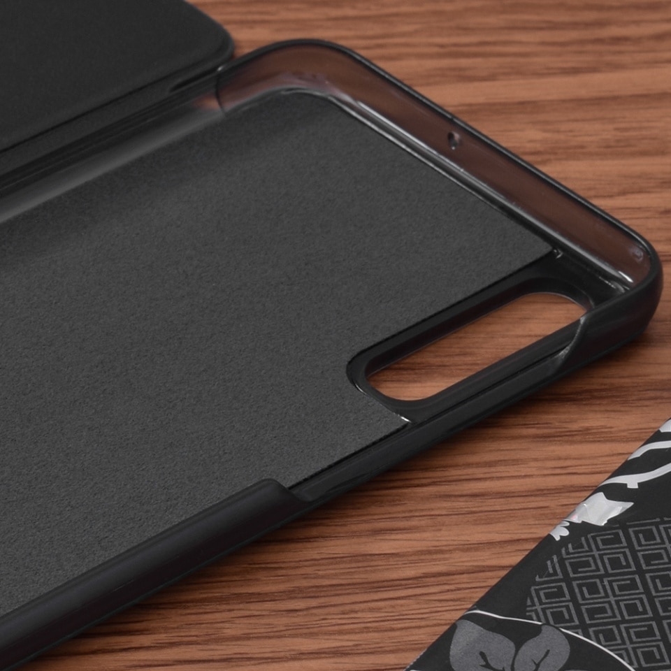 Husa pentru Samsung Galaxy A70 / Galaxy A70s, SKYDDAR INNOVATION, eFold, tip carte, set cu sticker, Negru