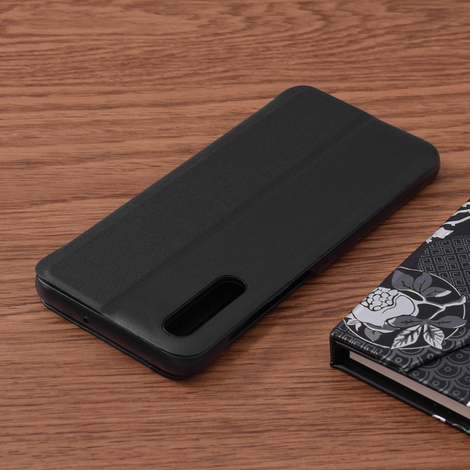 Husa pentru Samsung Galaxy A70 / Galaxy A70s, SKYDDAR INNOVATION, eFold, tip carte, set cu sticker, Negru