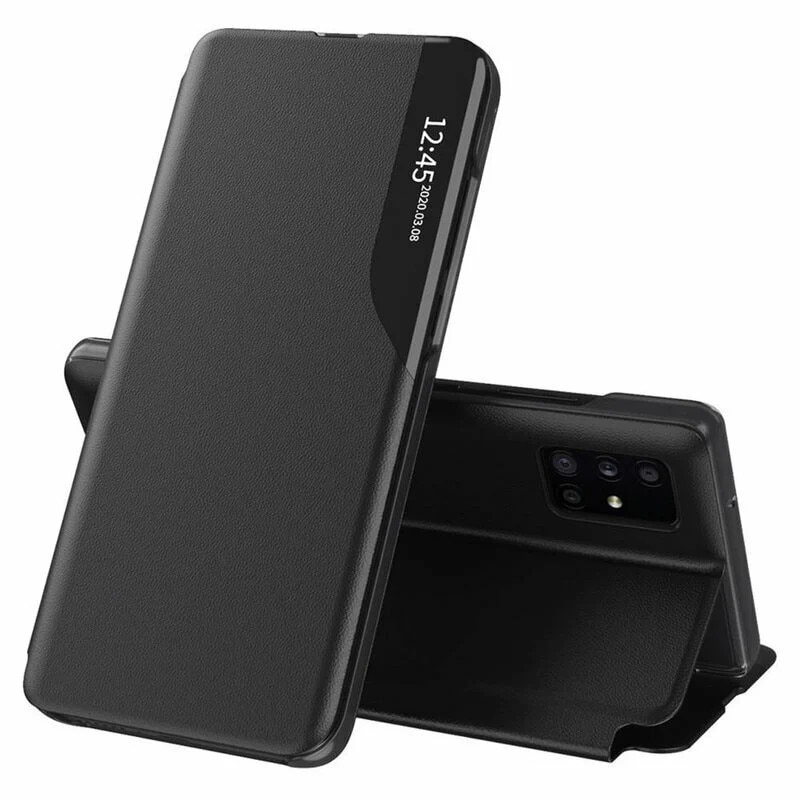 Husa pentru Samsung Galaxy A71 4G, SKYDDAR INNOVATION, eFold, tip carte, set cu sticker, Negru