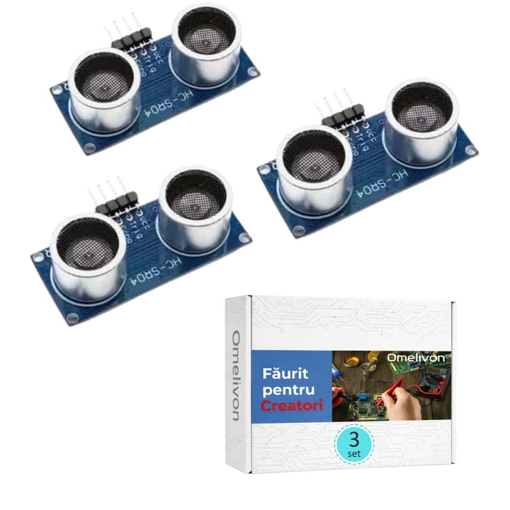 Set 3x Senzor Ultrasonic HC-SR04, Modul Masurare Distanta 2-400cm, 5V, Compatibil Arduino si Raspberry Pi, pentru Robotica si Proiecte DIY