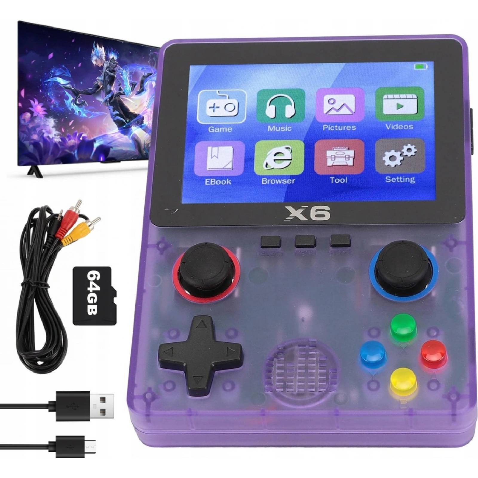 Consola portabila 6000+ jocuri X6 LUKETO®, Display 3.5 inch, Rezolutie 640x480, HD, Redare muzica/video/e-book, Acumulator 2000 mah, Autonomie 6h, Incarcare USB-C, Conectare TV, Mov transparent