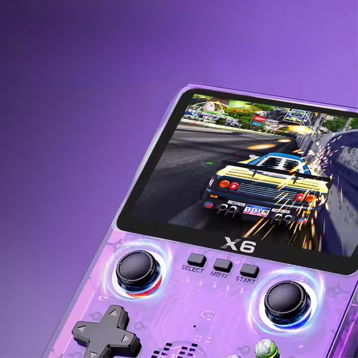 Consola portabila 6000+ jocuri X6 LUKETO®, Display 3.5 inch, Rezolutie 640x480, HD, Redare muzica/video/e-book, Acumulator 2000 mah, Autonomie 6h, Incarcare USB-C, Conectare TV, Mov transparent