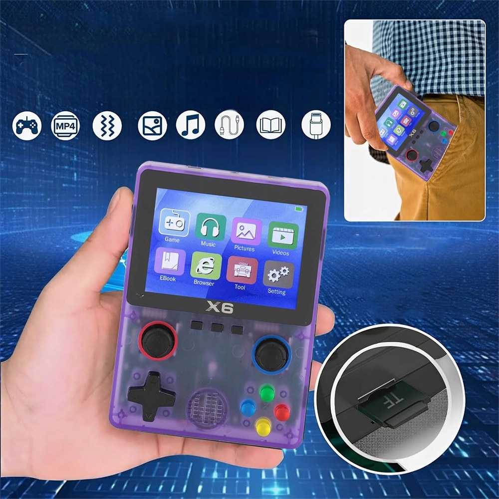 Consola portabila 6000+ jocuri X6 LUKETO®, Display 3.5 inch, Rezolutie 640x480, HD, Redare muzica/video/e-book, Acumulator 2000 mah, Autonomie 6h, Incarcare USB-C, Conectare TV, Mov transparent