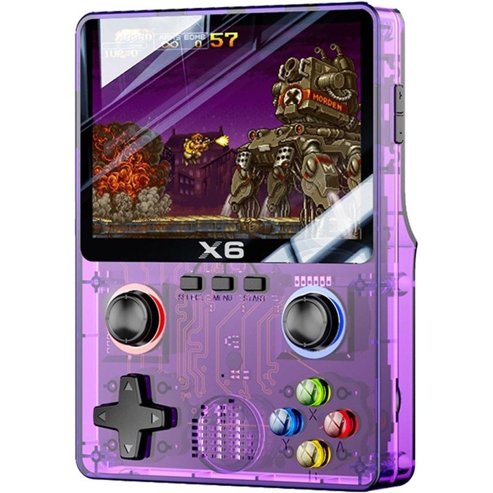 Consola portabila 6000+ jocuri X6 LUKETO®, Display 3.5 inch, Rezolutie 640x480, HD, Redare muzica/video/e-book, Acumulator 2000 mah, Autonomie 6h, Incarcare USB-C, Conectare TV, Mov transparent