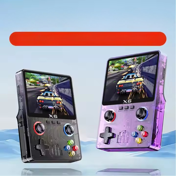 Consola portabila 6000+ jocuri X6 LUKETO®, Display 3.5 inch, Rezolutie 640x480, HD, Redare muzica/video/e-book, Acumulator 2000 mah, Autonomie 6h, Incarcare USB-C, Conectare TV, Mov transparent