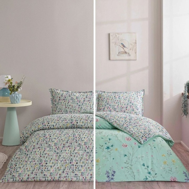 Lenjerie de pat dublu cu 2 fete, model cu flori de primavara, bumbac 100% ranforce, 240x260 cm, 4 piese, TAC, Pepple Mint