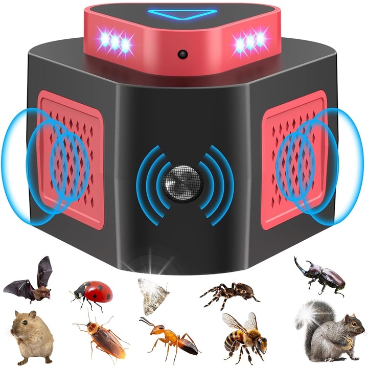 Ултразвуков репелент за мишки, 360° ултразвуково покритие с LED светлини