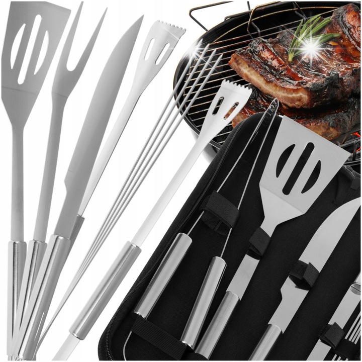 Set Accesorii Grill 9in1, Stal Inoxidabila, Etui, 9 Unelte, 38x11.5x5cm