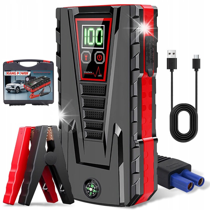 Powerbank de pornire 988000mAh, model X56, 800A, 12V, cu lanterna LED, set complet