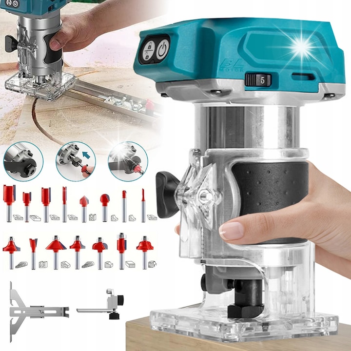 Freza electrica pentru lemn, 600W, 6 viteze, 16.000 rpm, set complet, 57x24cm