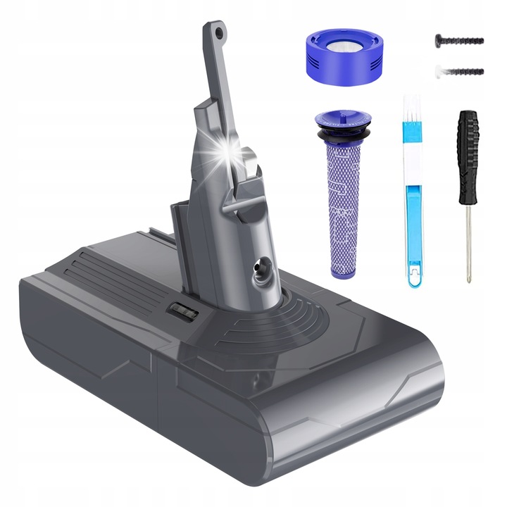 Baterie litiu-ion 21.6V 5000mAh pentru Dyson V8, set cu 1 filtru HEPA, 1 filtru pre, 1 perie, 1 surubelnita
