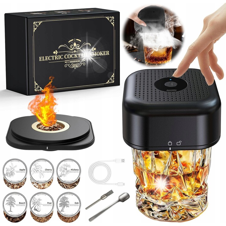 Set electric de afumare whisky cu 6 cutii de rumegus, negru, 95x95x52mm