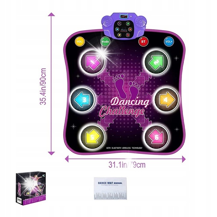 Covor de dans pentru copii, 5 moduri, 8 sageti luminoase, negru si violet, 95x86cm