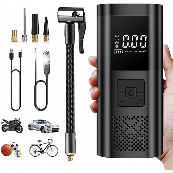 Mini pompa electrica cu acumulator 6000mAh, 150psi, pentru masini, biciclete, accesorii incluse, LED, USB
