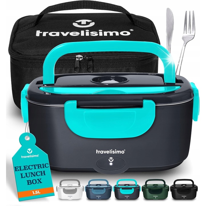 Cutie alimentara electrica Travelisimo, 1,5L, verde inchis, cu incalzire 3 in 1, rezistenta din otel inoxidabil