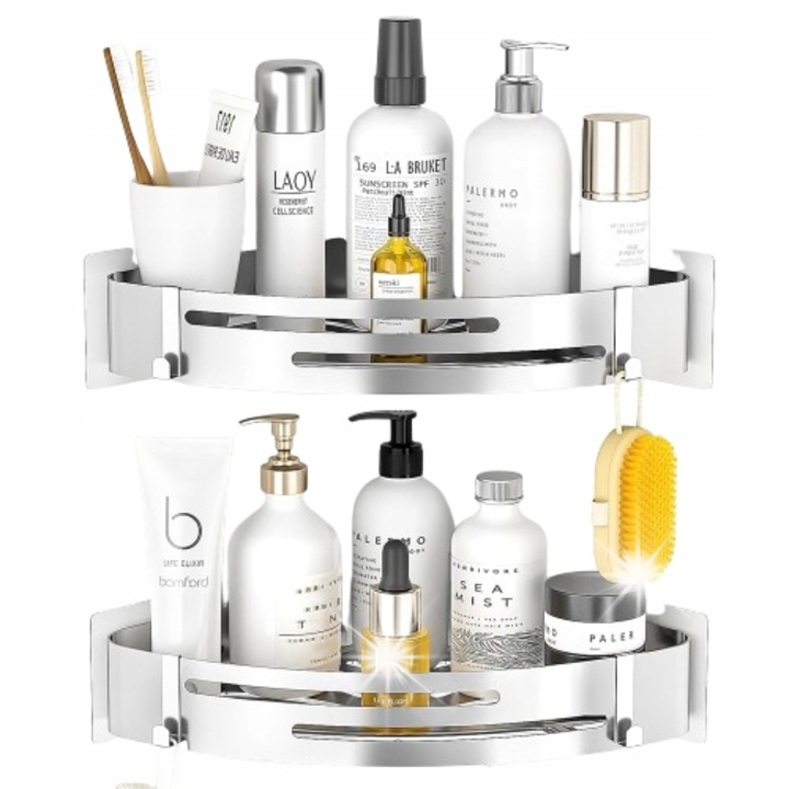 Zuhany saroktartó, 2 darab, 304-es rozsdamentes acél, vízálló, méretek: 21,3x21,3x5cm és 20,7x20,7x4,2cm