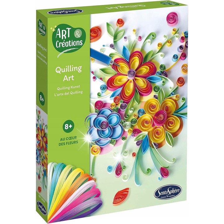 Set de quilling KWIATY, 8 ani+, completeaza creativitatea, benzi colorate, fabricat in Franta