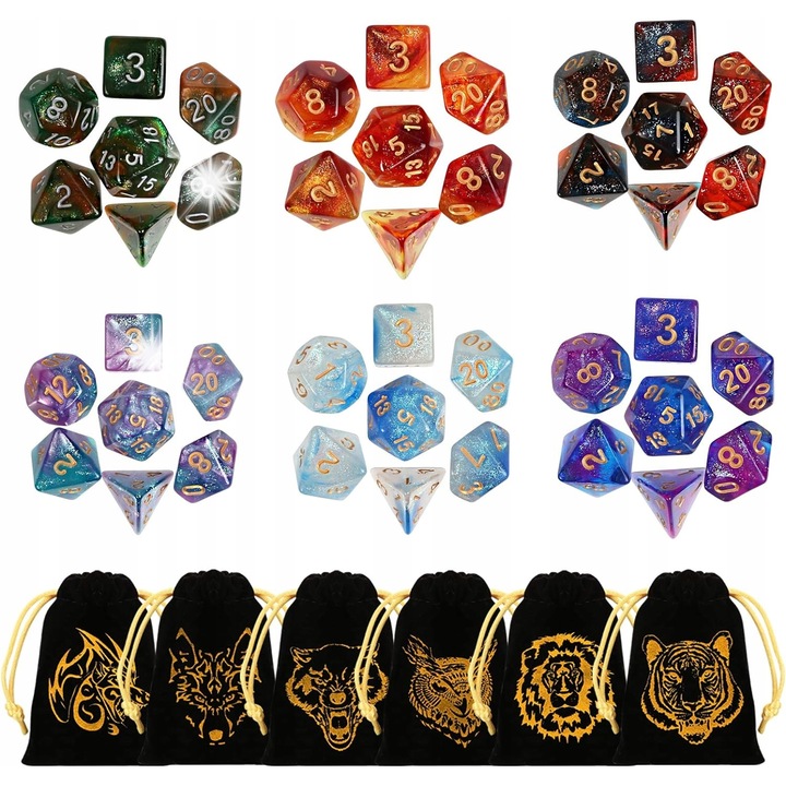 Set 6 Zestave de Kostki Wieloscienne Dungeons and Dragons, 42 Kostki, Multicolor, 7 Etui