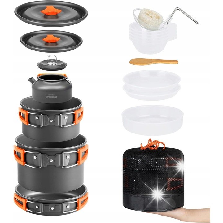 Set vase camping, 16 piese, aluminiu anodizat, rezistent la temperaturi ridicate, pentru 3-4 persoane