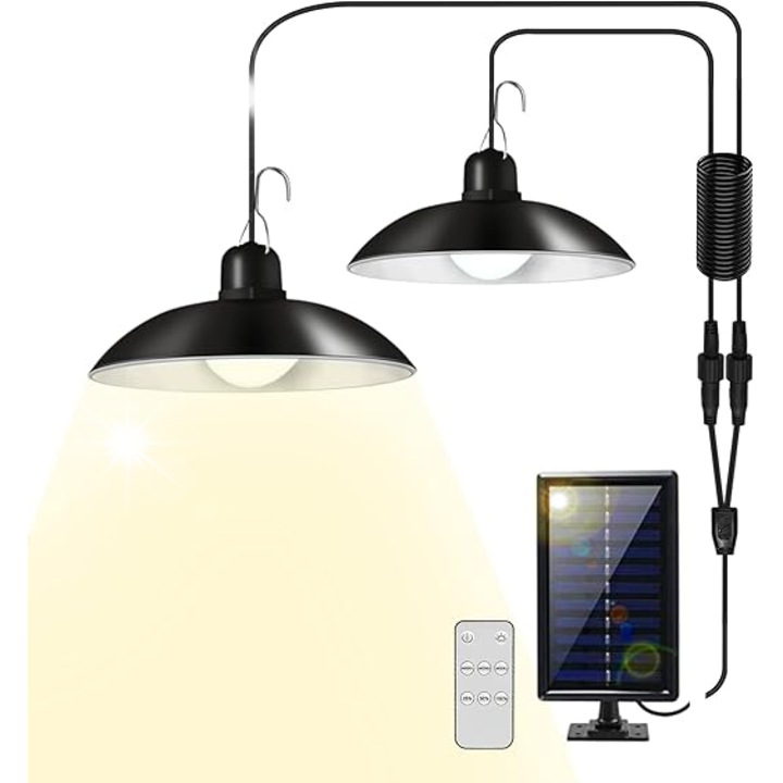 Set 2 Lampi Suspendate Solare cu Telecomanda, 30 LED-uri, Culoare Neagra, 3500K, IP65, 3m Cablu