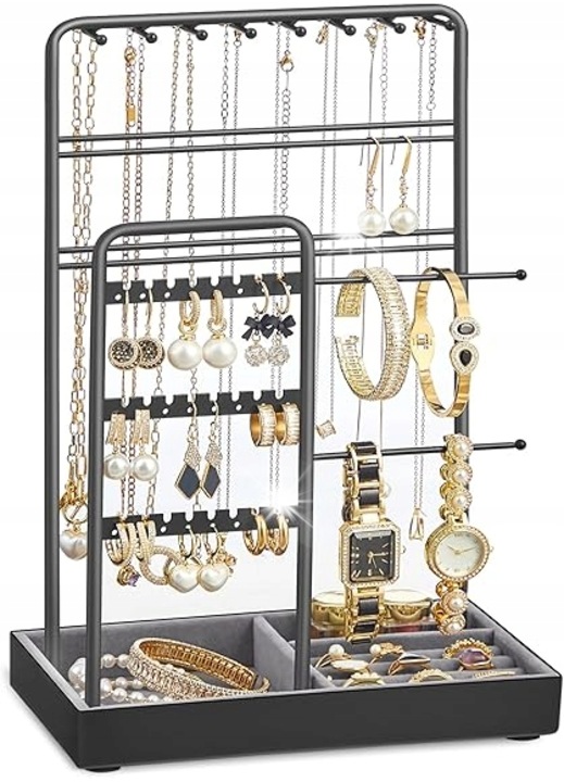 Organizator bijuterii, negru, 30x5,8cm, pentru 24 perechi cercei, 10 bratari, 16 coliere