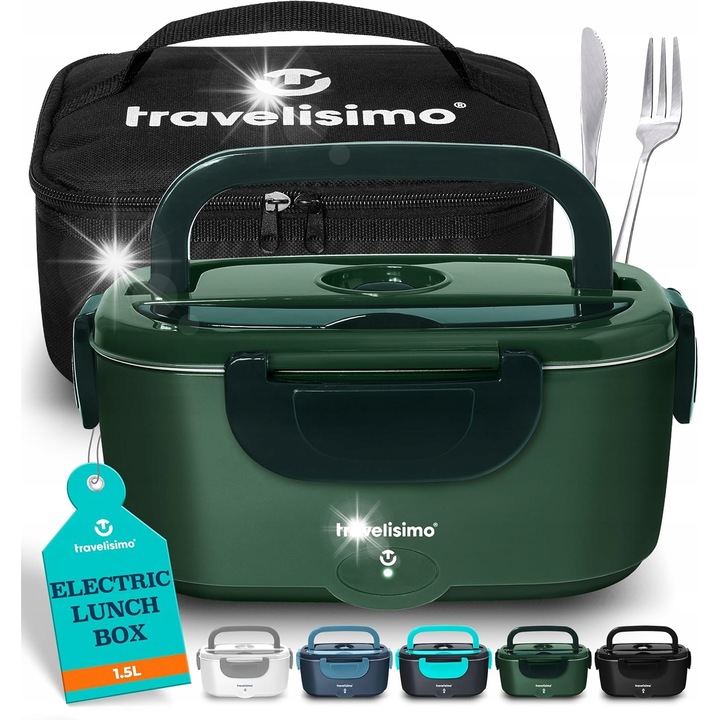 Cutie alimentara electrica Travelisimo, 1,5L, verde inchis, cu incalzire 3 in 1, set complet