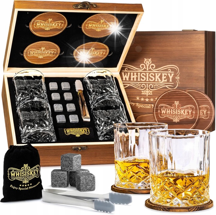 Whisky szett, 4 pohár 310ml, 8 kő, fogó, alátétek, doboz, fekete, átlátszó, szürke