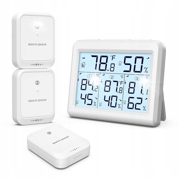 Termometru cu higrometru interior-exterior cu 3 senzori, display LCD, montare pe perete sau pe masa