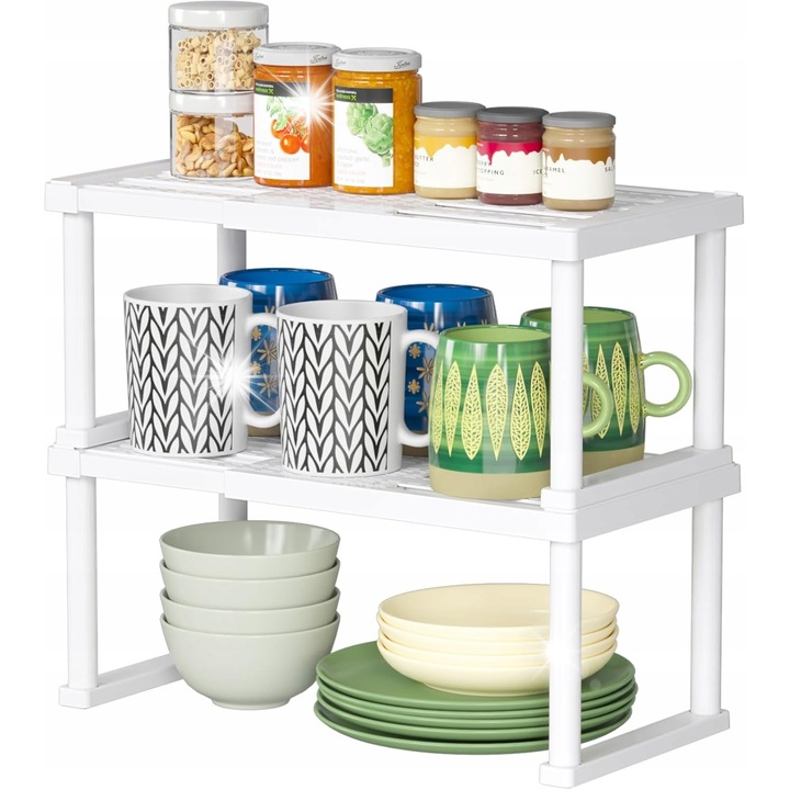 Organizator condimente, set triplu, 2 niveluri, alb, dimensiuni reglabile 29,9x40x21,1x18cm