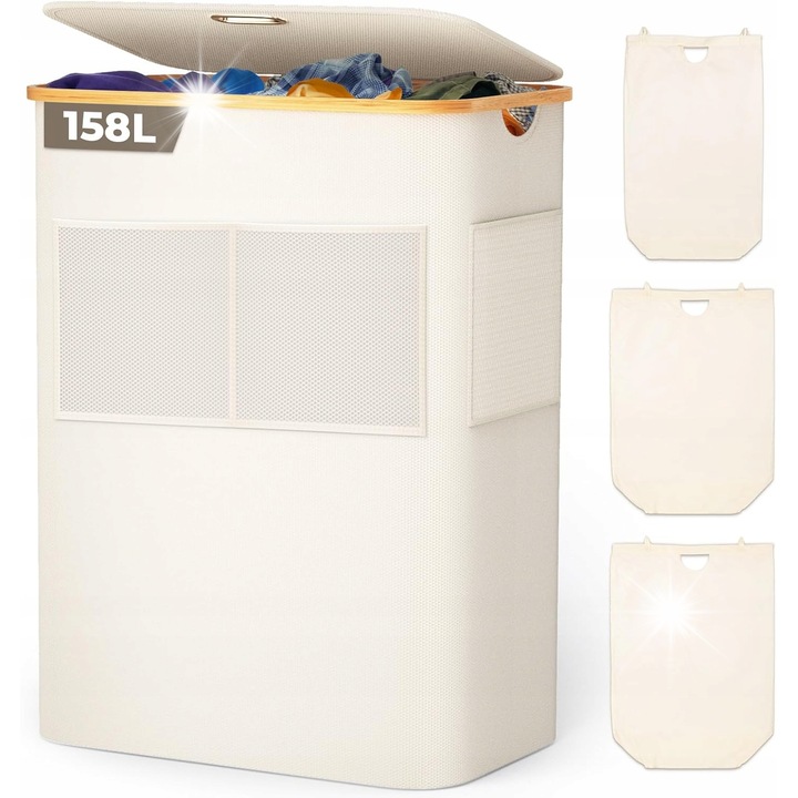 Cos pentru rufe, 158L, 3 compartimente, structura din bambus, impermeabil, 57x37x75cm