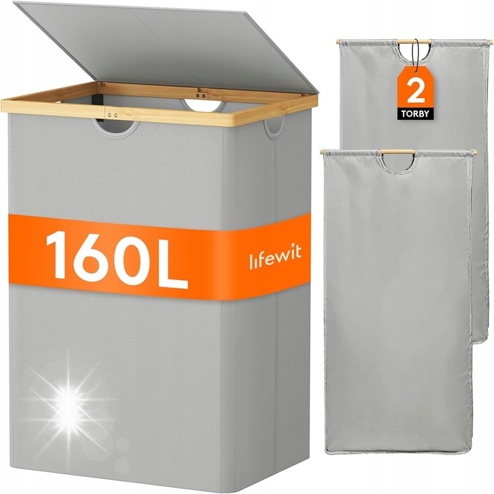 Cos de rufe, 160L, 2 compartimente, material Oxford 600D, dimensiuni 53,5x40x74,5cm, cu capac si manere din bambus