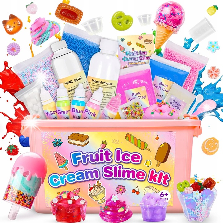 Set de creatie slime, diverse culori, accesorii pentru copii, forme de inghetata, flori