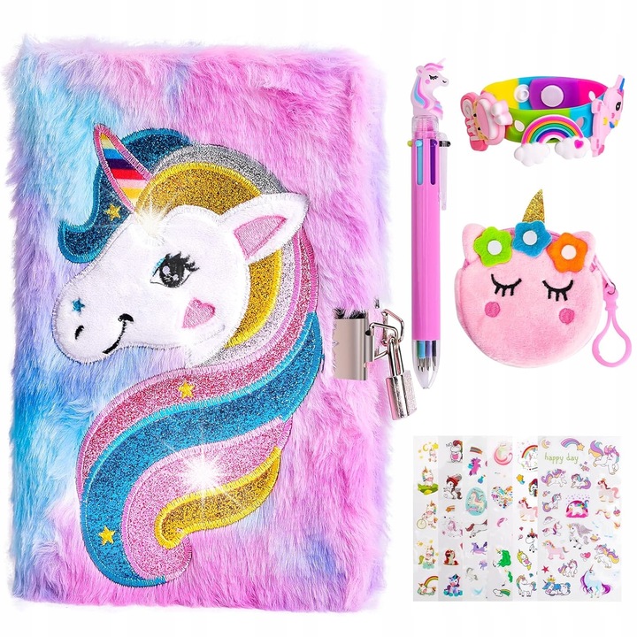 Jurnal cu Unicorni, set cu pix multicolor, portofel, bratara, stickere 3D, 4-12 ani