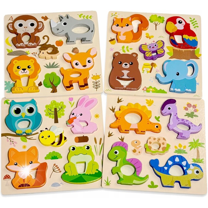 Puzzle oktató fajáték, 4 szett, állatok, 18x18cm, 1-3 éves gyermekeknek
