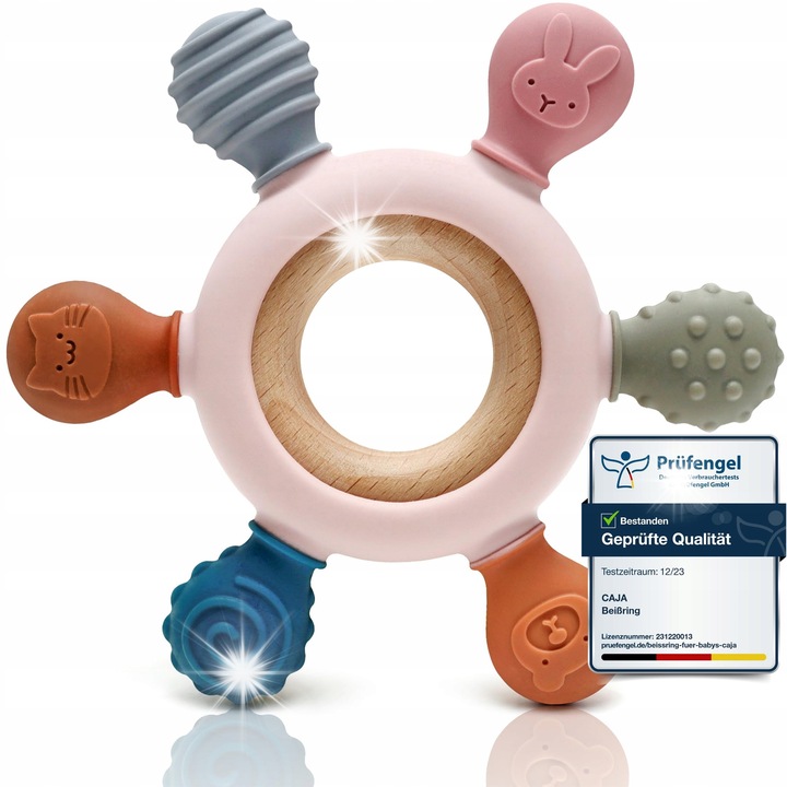 Szilikon és fa babagyűrű, állatfigurás, rózsaszín, szett