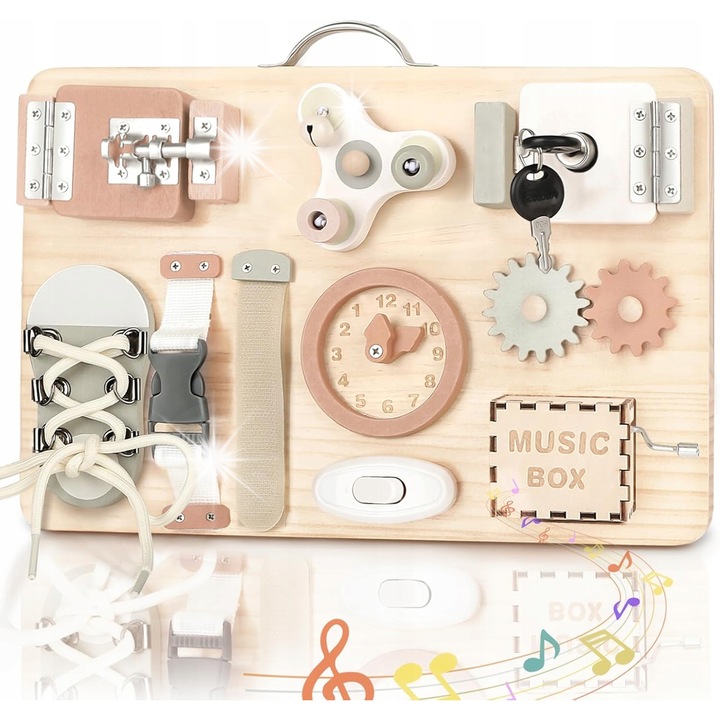 Tabla educationala din lemn pentru copii, 10 activitati, design modern, 22,7x4,6x30,2cm, lemn natural