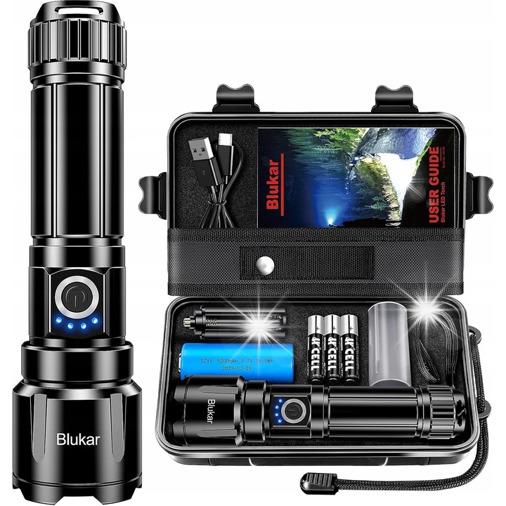 Lanterna LED Blukar, 5000mAh, rezistenta la apa, 5 moduri de iluminare, neagra, set complet