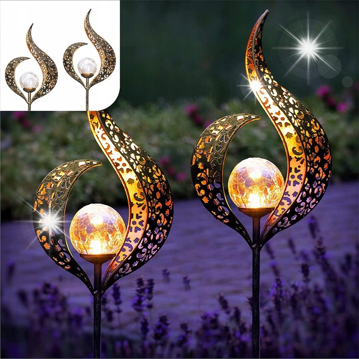 Set 2 lampi solare, motiv flacara, metal, waterproof, lumina calda
