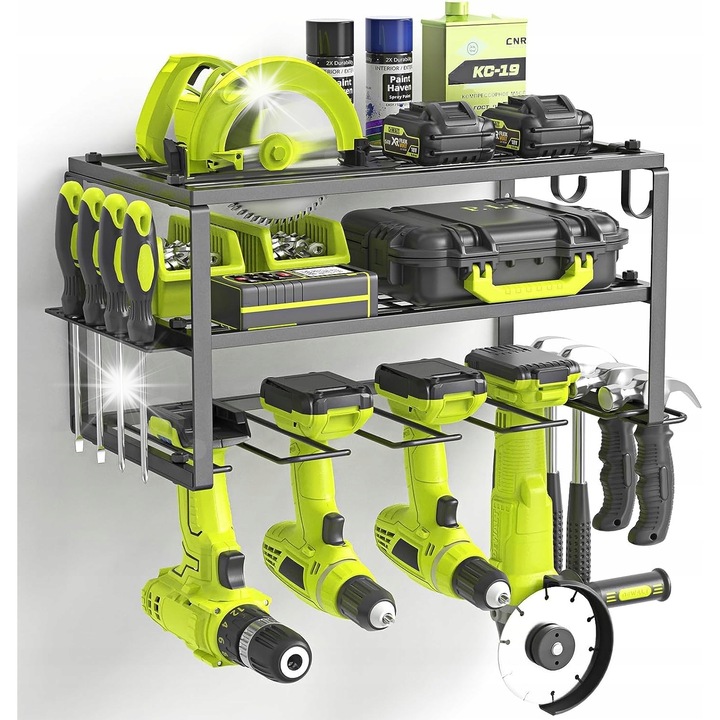 Szerszámrendező, 3 szintes, fém, falra szerelhető, 65kg, többszínű