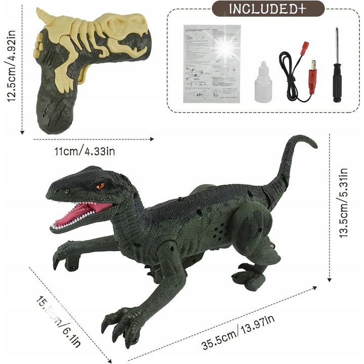 Dinozaur Velociraptor RC interactiv, miscari realiste, efecte luminoase, sonore, 5+ ani