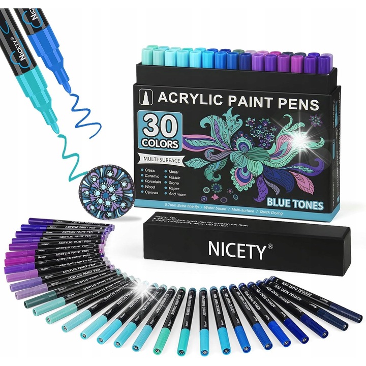 Set 30 markere acrilice, nuante de albastru, violet, varf ultra subtire 0,7 mm