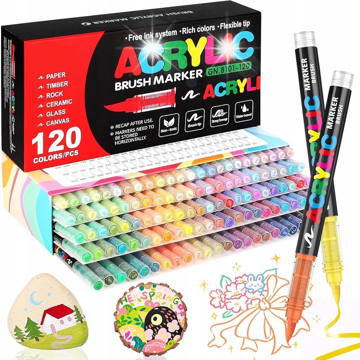 Set 120 markere acrilice, culori vii, sistem de control al fluxului de cerneala, rezistent la apa, pentru diverse suprafete