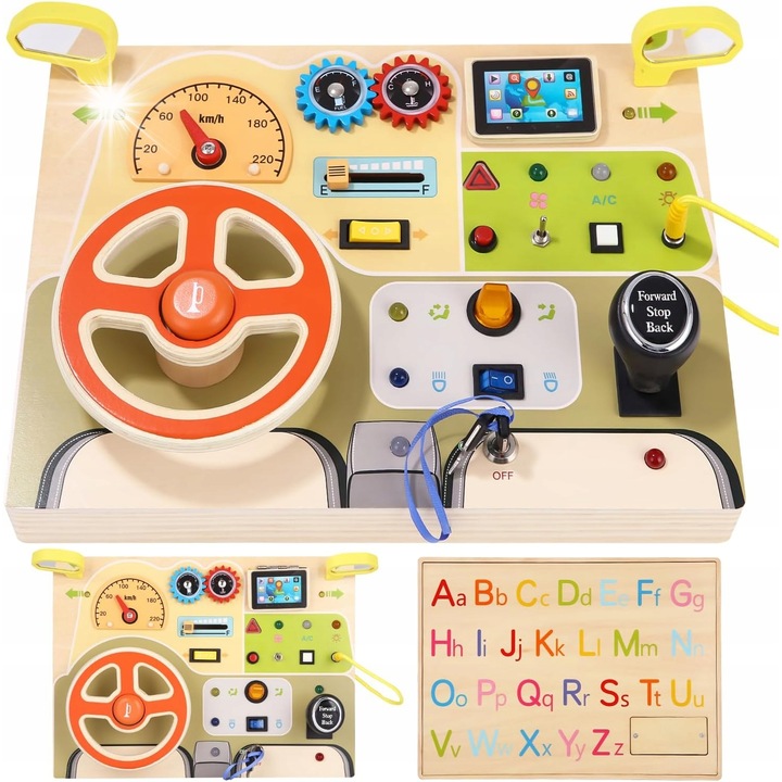 Tabla educationala Montessori cu 15 activitati, lemn, pentru copii 1-3 ani, interactiva, cu efecte luminoase