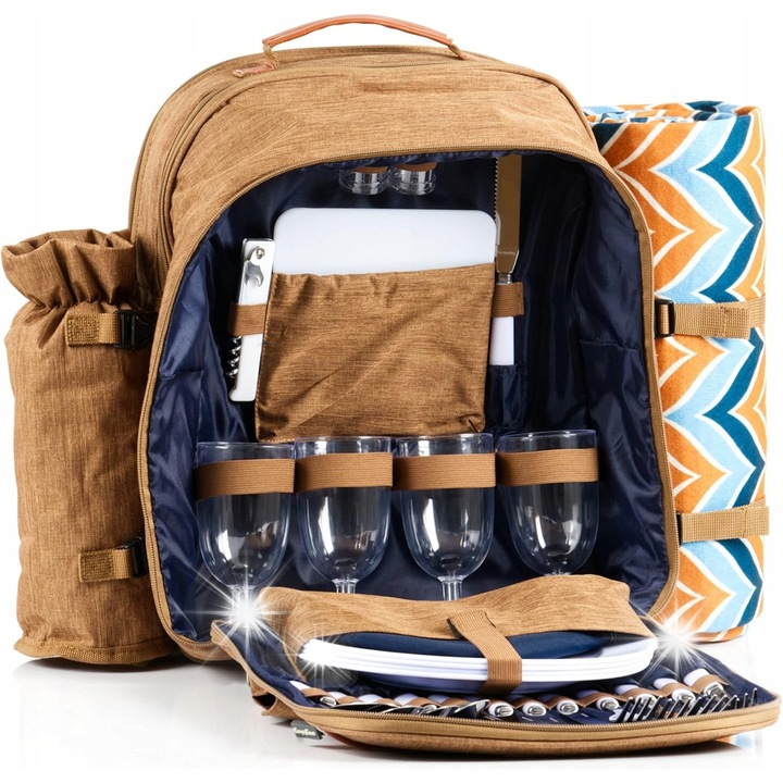 Rucsac picnic termic, 32 piese pentru 4 persoane, compartiment racitor, cu patura, 40x50x22cm