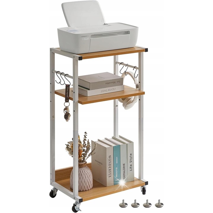 Raft mobil pentru imprimanta, 3 niveluri, natural, 44x30x82cm, roti si picioare optionale