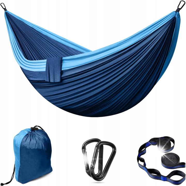 Къмпинг хамак, 300x200см, за 2 човека, капацитет 300кг, син, комплект с въжета и карабинери