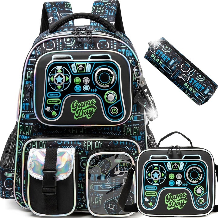 Ghiozdan scolar set complet pentru copii, design cu animale, capacitate 24L, negru, dimensiuni 43x30x20cm