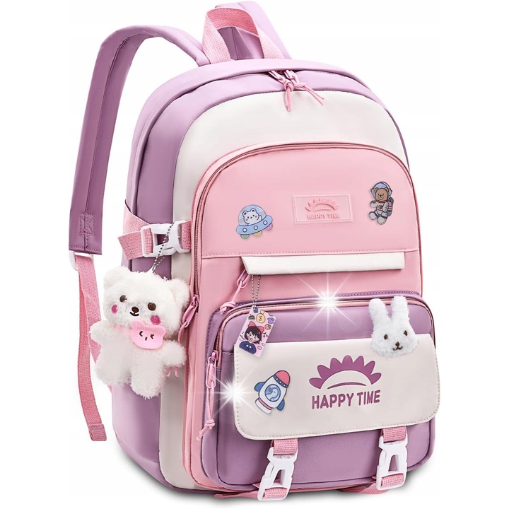 Ghiozdan scolar 5w1, set cu pandantiv si 4 insigne decorative, 32x14x42cm, usor, waterproof, pentru varstnici 8-14 ani