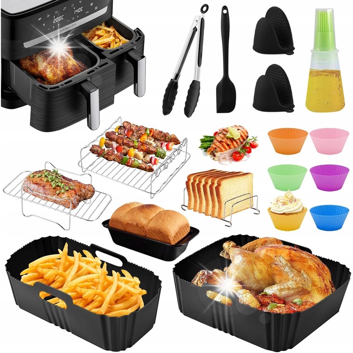 Set accesorii pentru friteuza cu aer, 2 forme din silicon, suport din inox